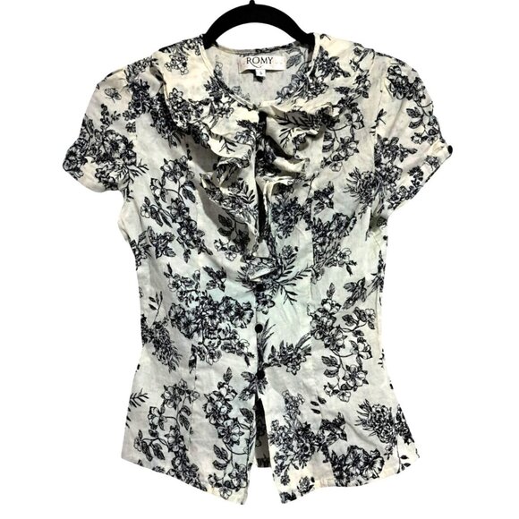 Romy Tops - Romy Womens Small Floral Button-Down Blouse With Ruffle Collar Short Sleeves 100